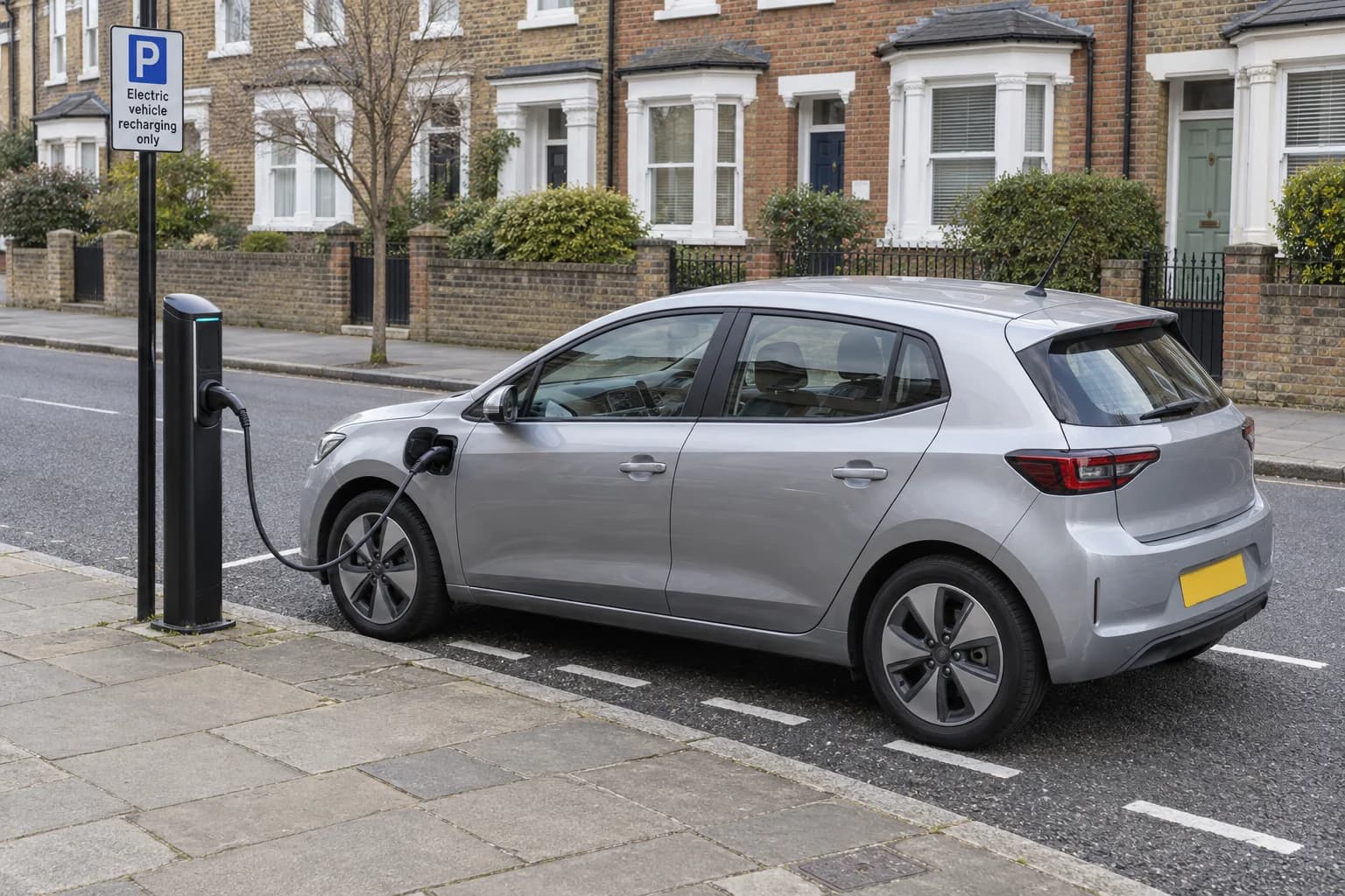 Electric car connected to a charging point in an on-street charging bay.