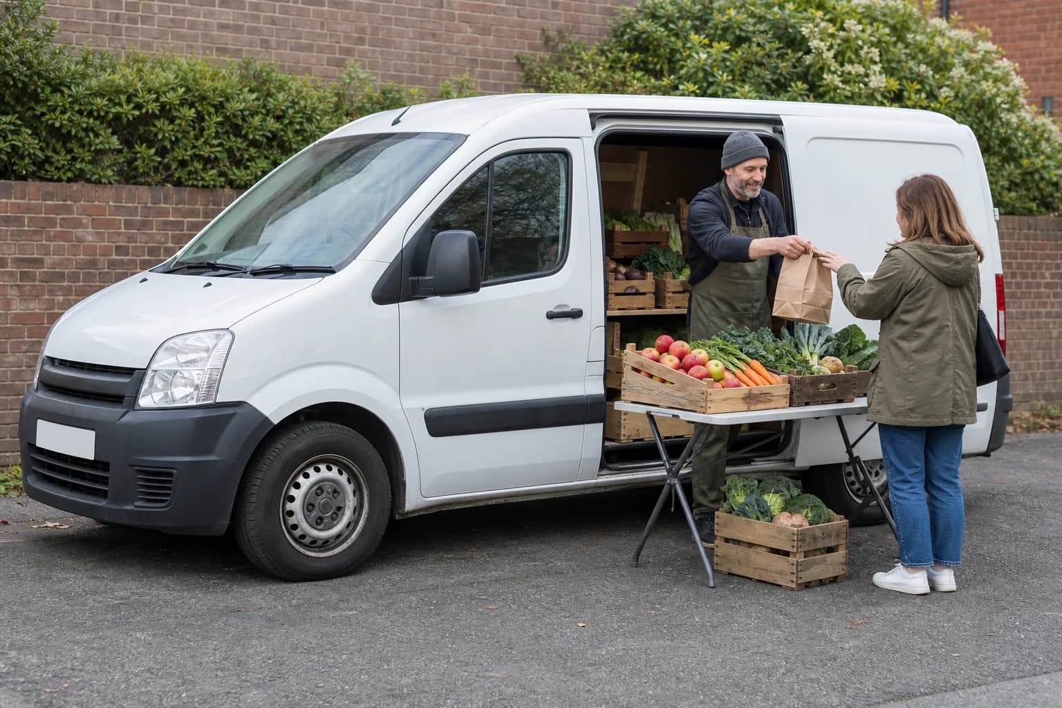 Small parked van with an open side door and a display of goods beside it.