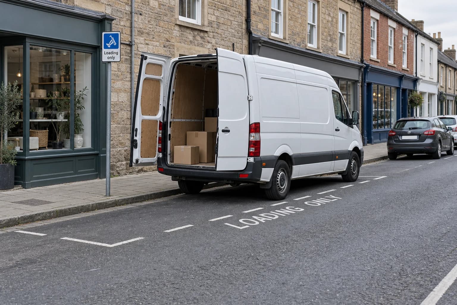 Delivery van in a white-marked on-street loading-only bay beside a loading sign.