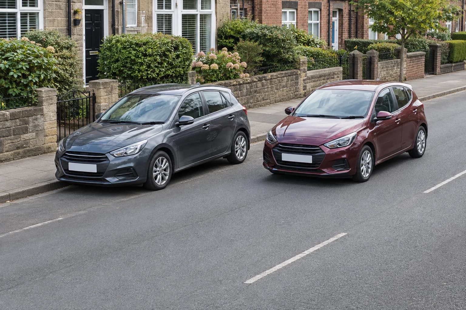 Two cars parked side by side, with one car between the outer vehicle and the kerb.