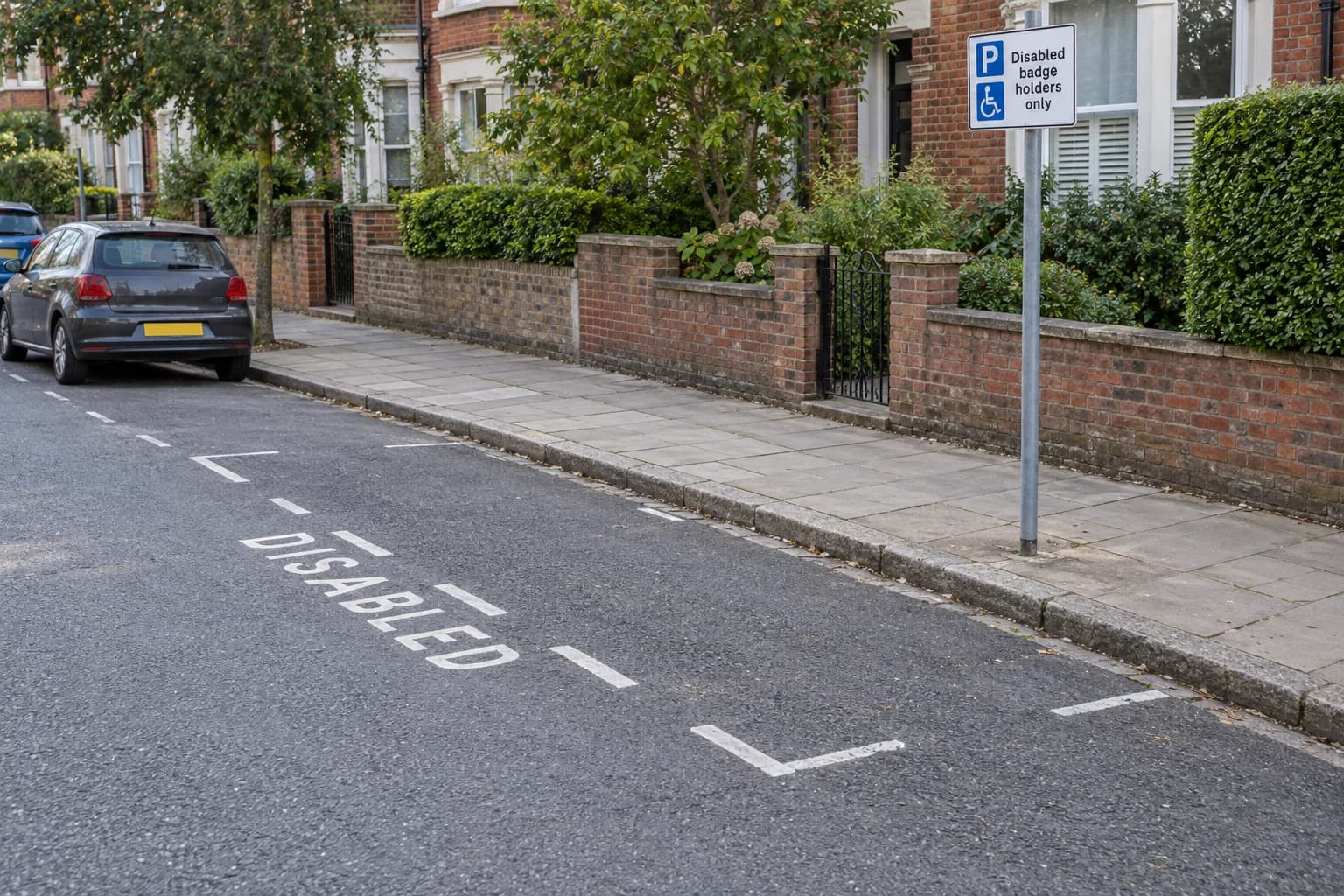 Empty on-street disabled parking bay with road marking and wheelchair-symbol sign.