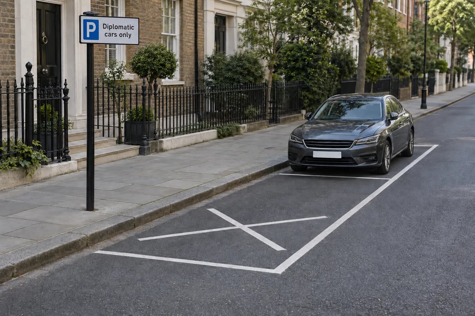 Diplomatic-reserved on-street parking bay with white markings and a Diplomatic cars only sign.