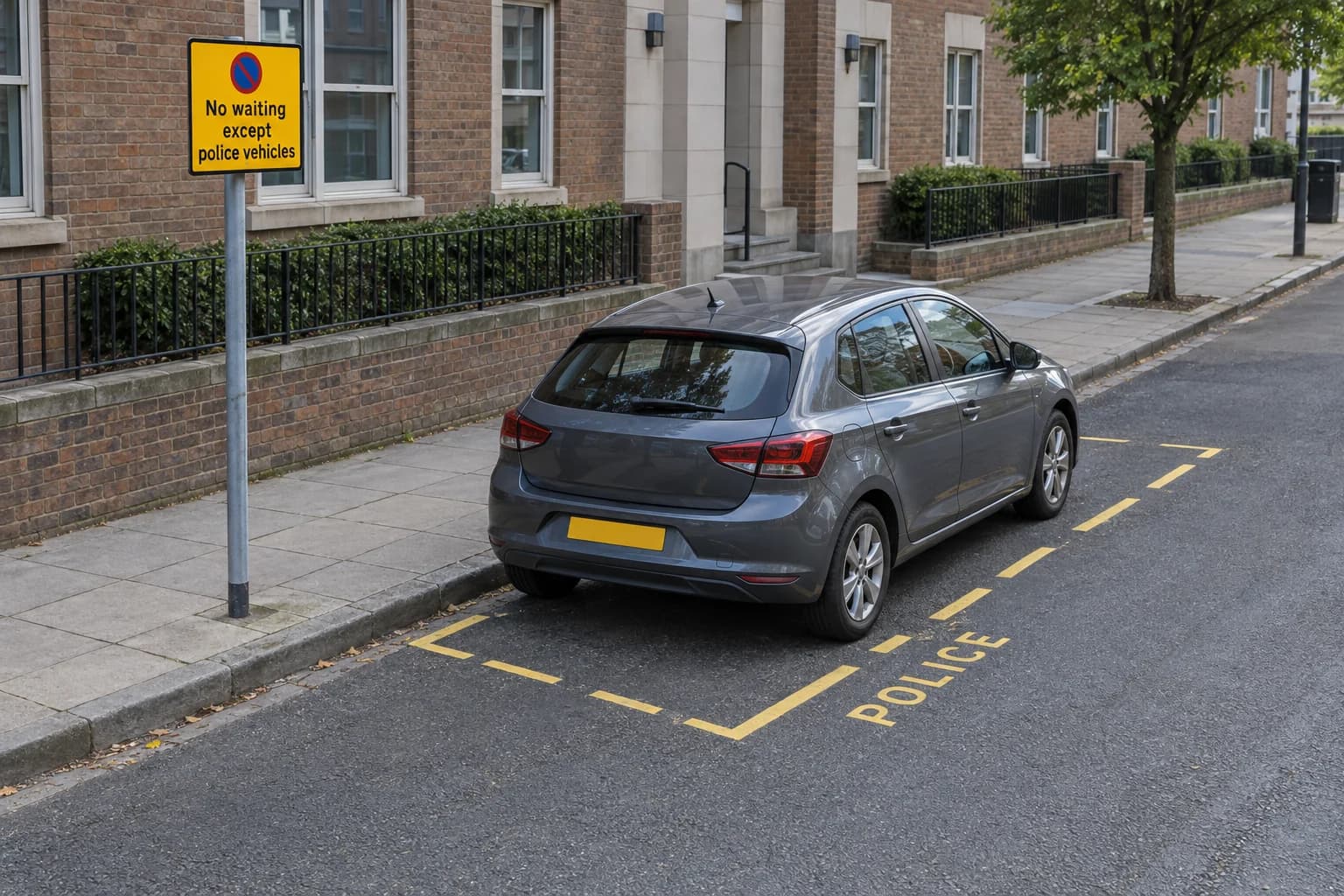 Car in an on-street police-reserved bay beside a sign reading No waiting except police vehicles.
