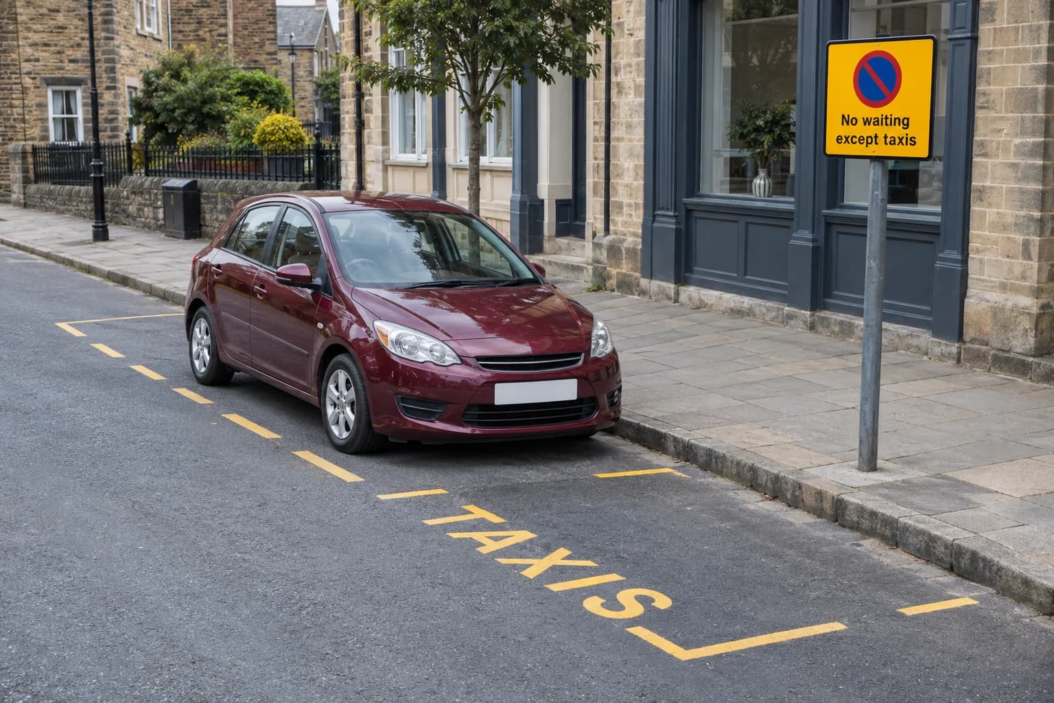 Car in a yellow-marked taxi rank beside a No waiting except taxis sign.