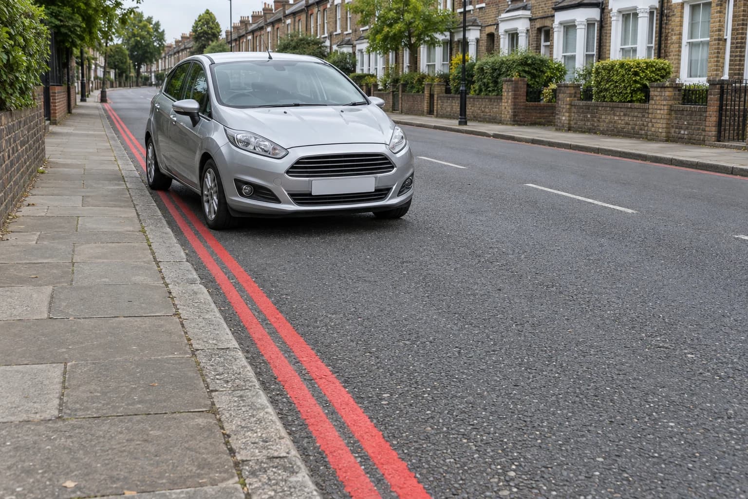 Car stopped beside two continuous red lines on a British urban road.