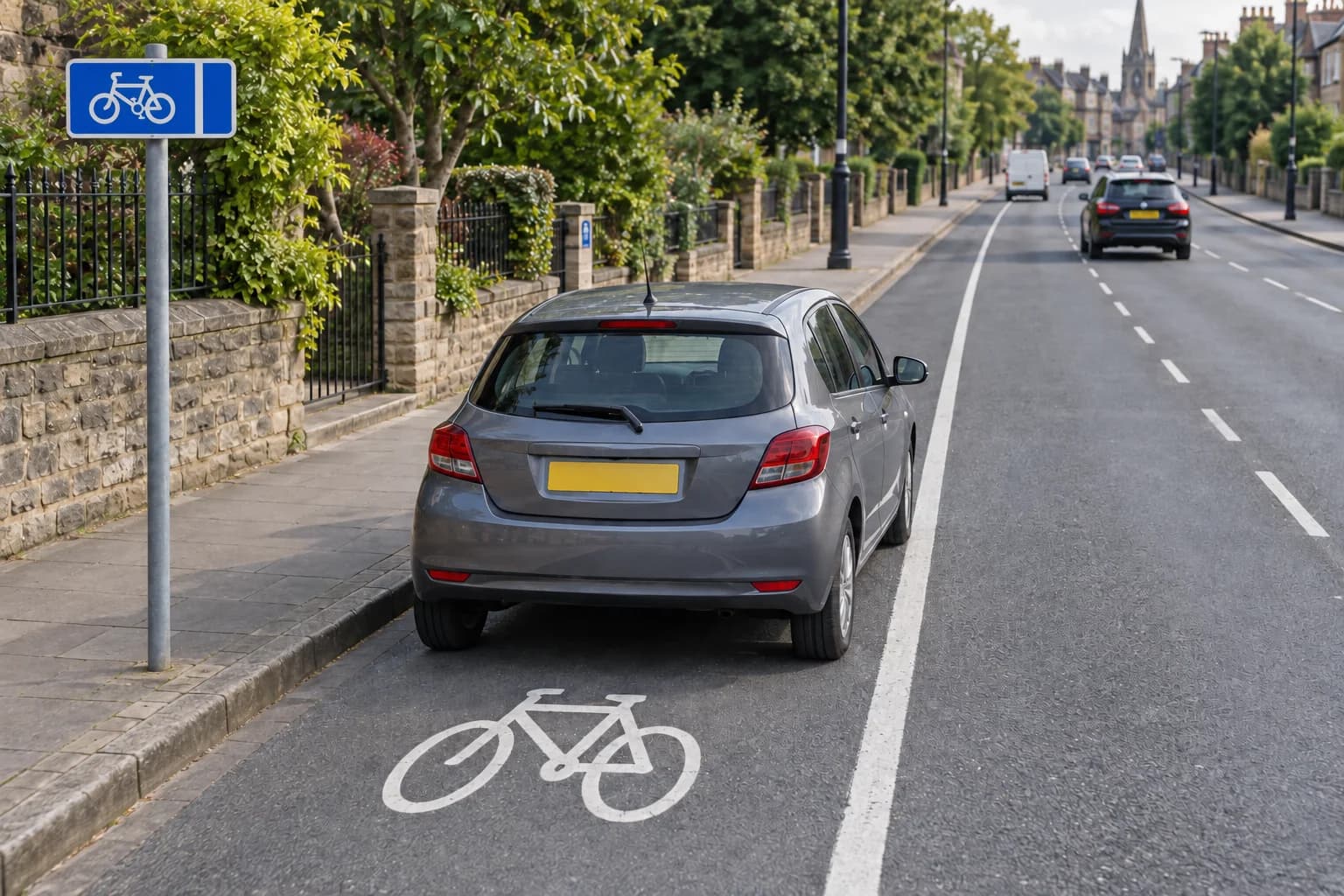 Illustrative car parked inside a cycle lane beside its solid white boundary and cycle-lane sign