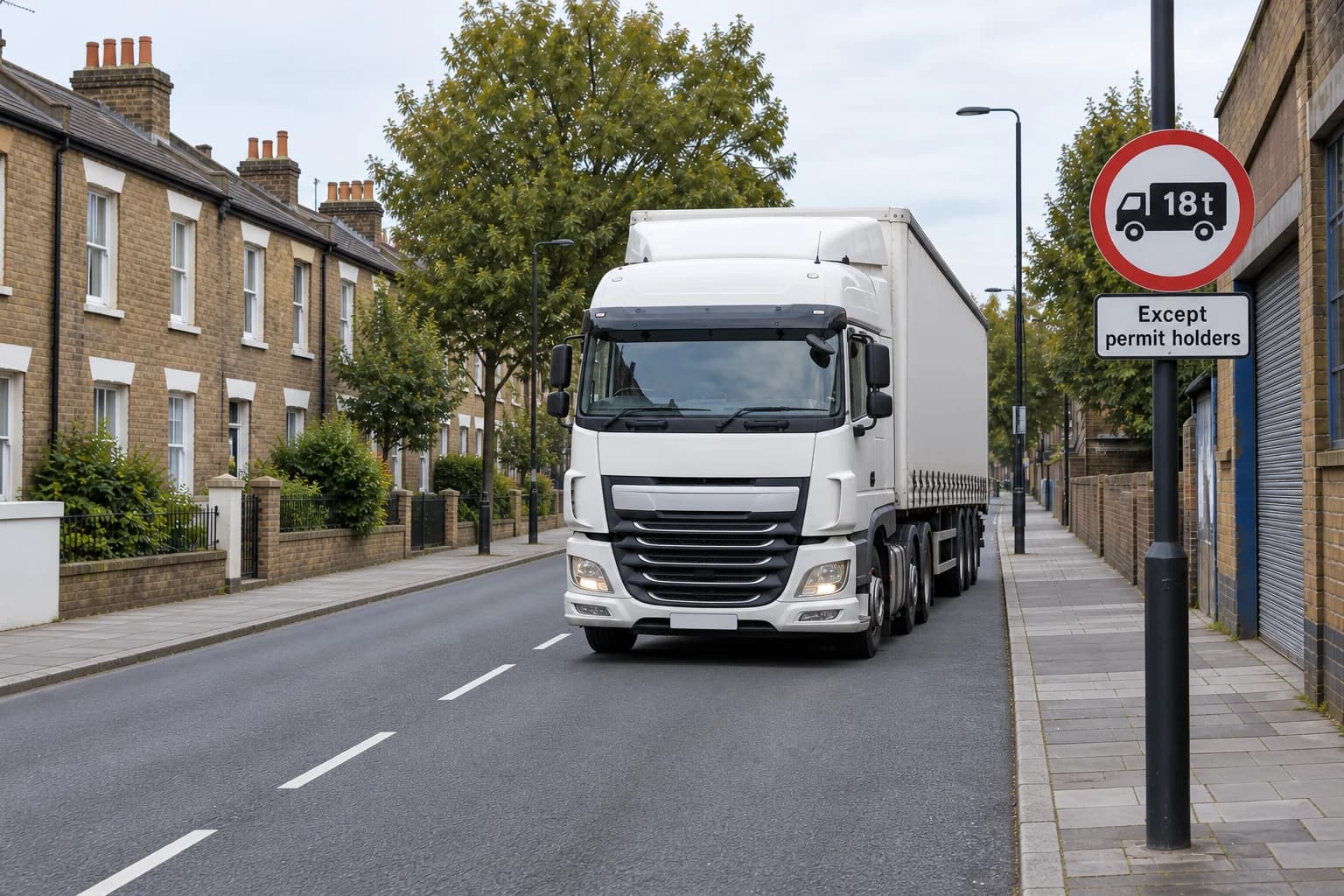 Heavy goods vehicle approaching a London-style urban road beside an HGV access sign.