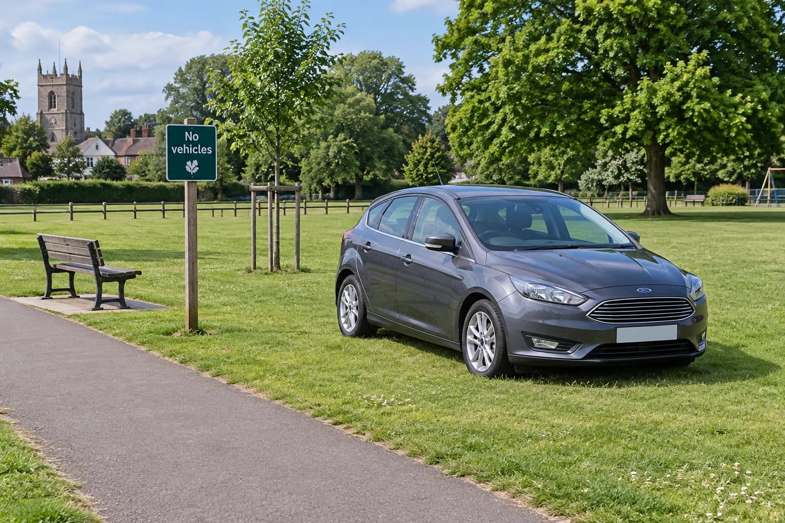 Illustrative car parked on a maintained public green beside a no-vehicles notice