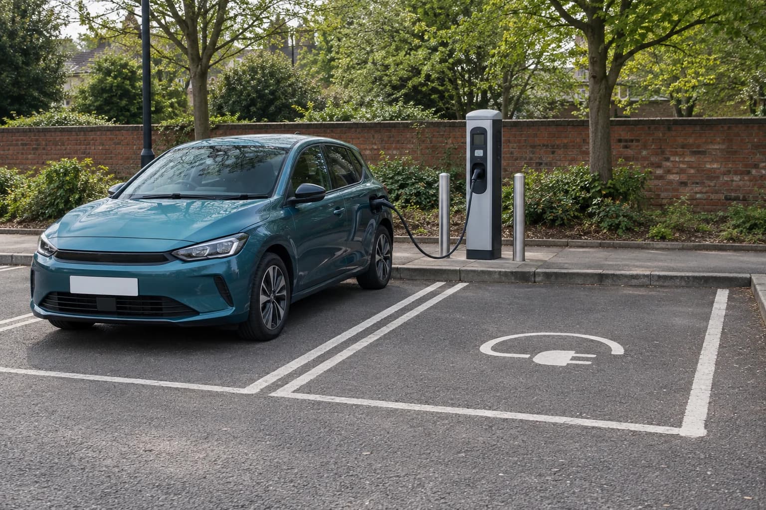 Electric car connected to a charging pedestal beside a marked car-park charging bay.