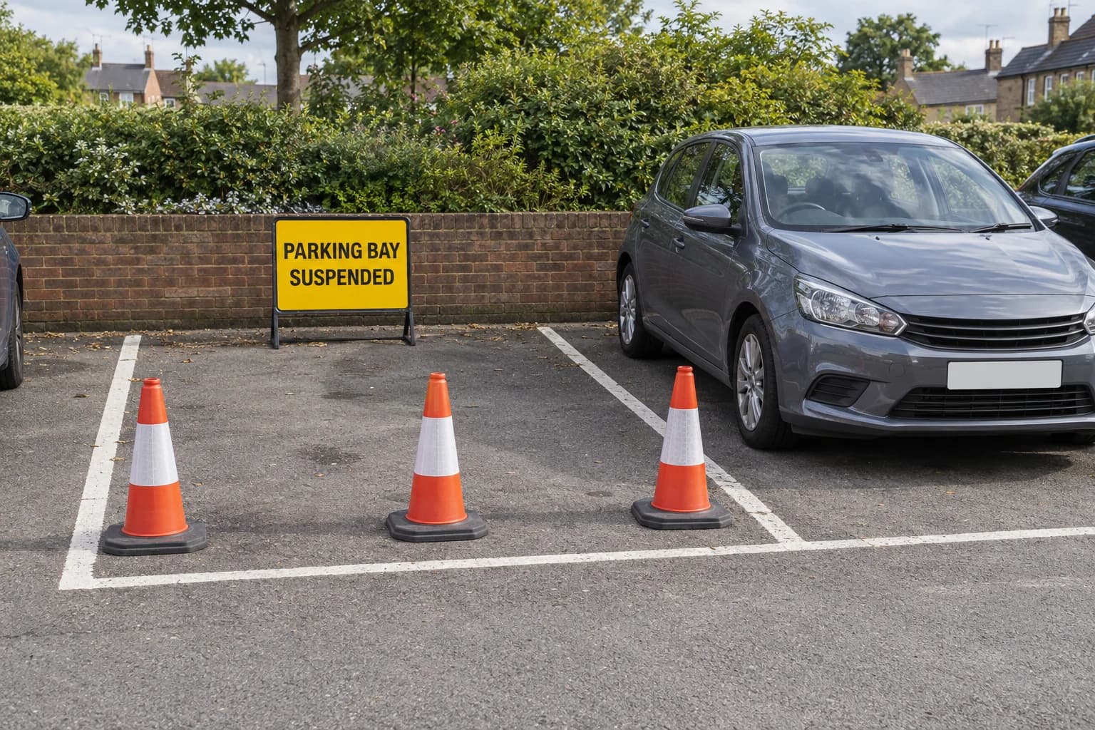 Car-park bay closed by traffic cones with a yellow parking-bay-suspended notice.