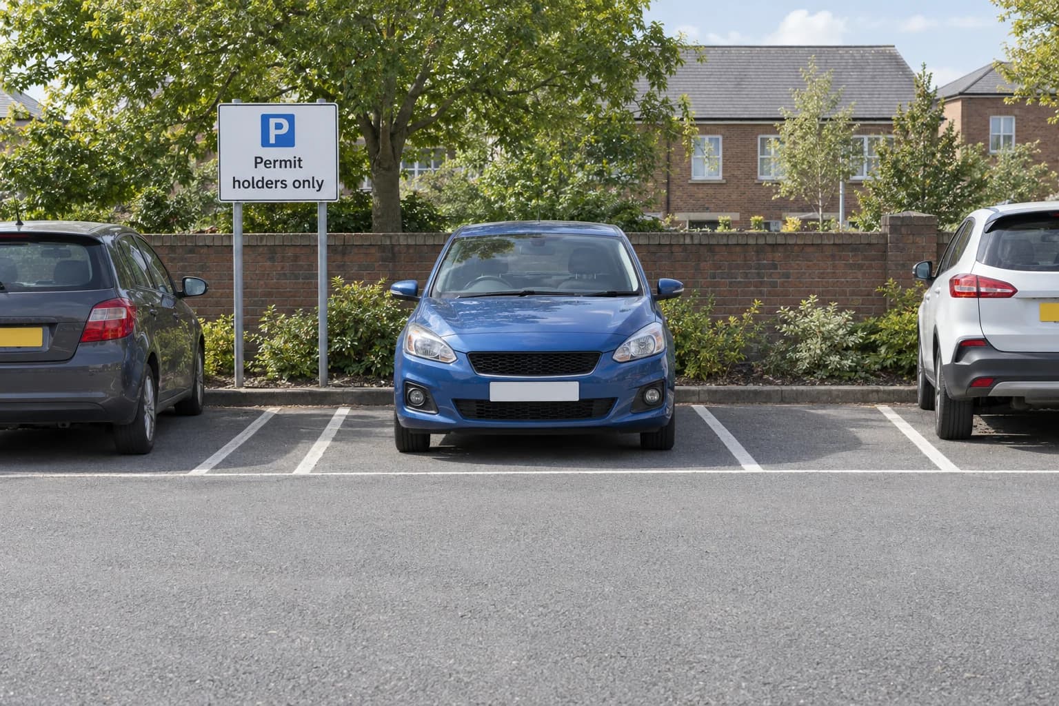 Car in a marked car-park bay beside a permit-holders-only sign.