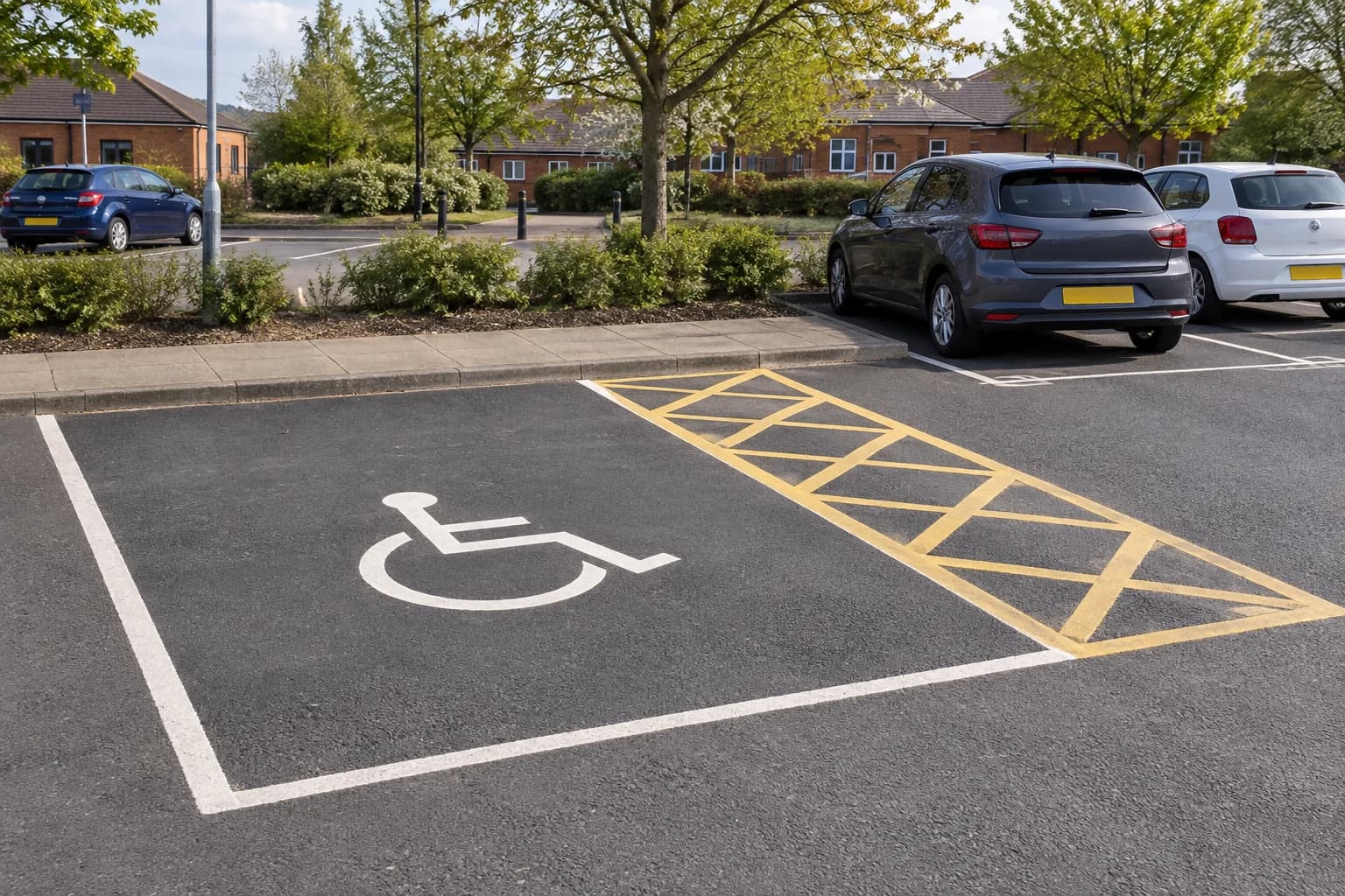 Accessible car-park bay with a wheelchair symbol and adjacent hatched access aisle.