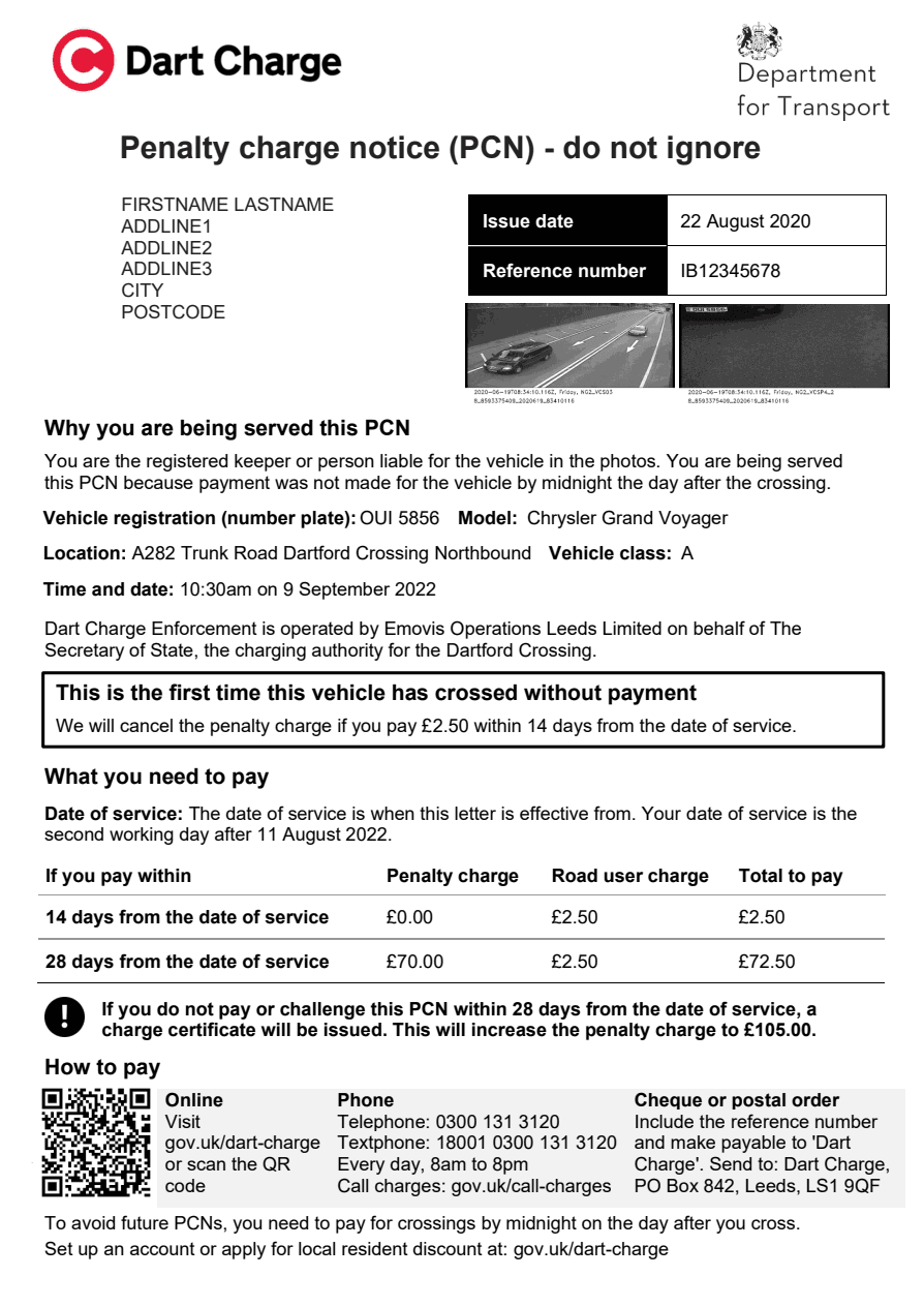 Official sample Dart Charge Penalty Charge Notice; illustrative document, not a customer's case