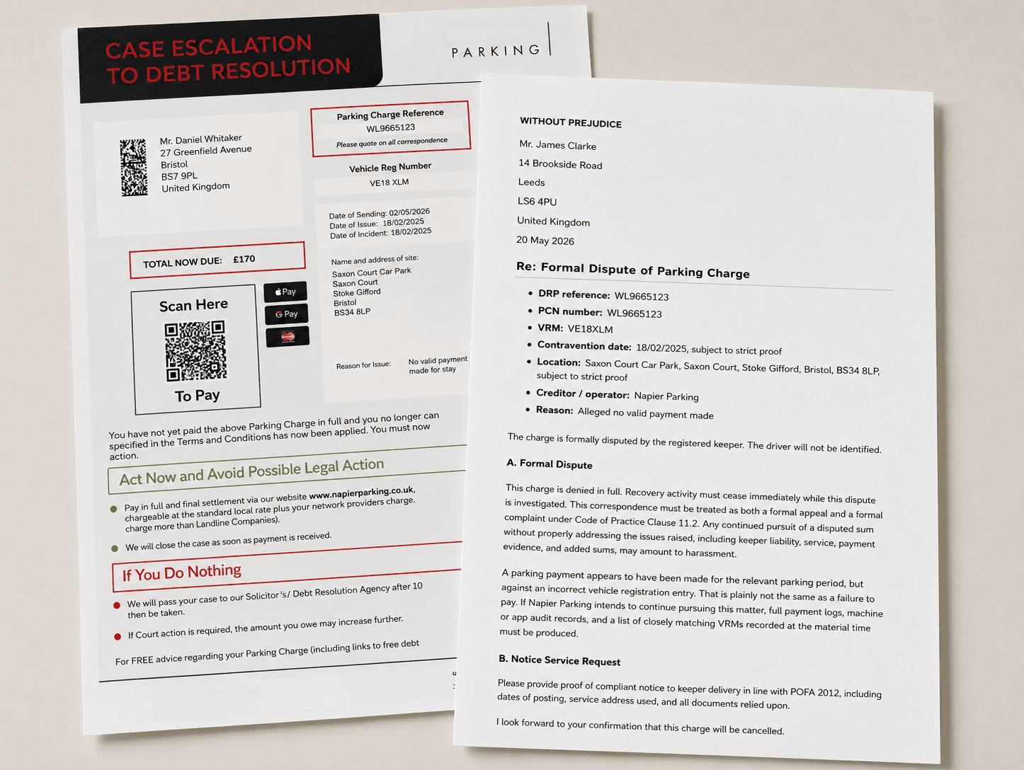 Illustration of a private parking debt demand and a written response