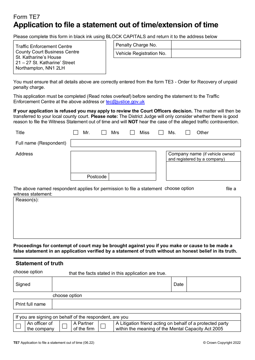 Official HMCTS TE7 application to file a statement out of time