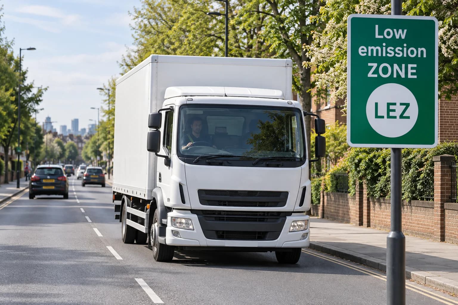 Illustration of a heavy goods vehicle beside a Low Emission Zone sign