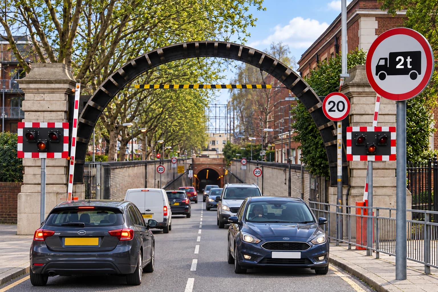 Illustration of the Rotherhithe entrance and a 2-tonne goods-vehicle restriction sign