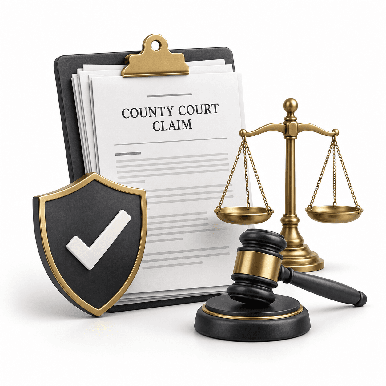 County Court claim defence documents, shield, scales and gavel