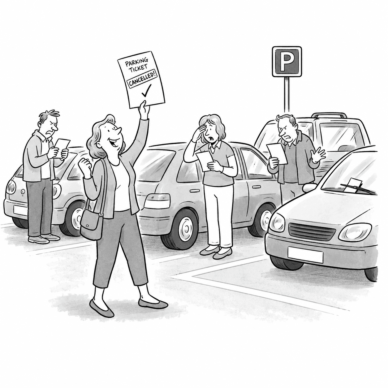 Illustration of motorists with parking notices, including a woman holding a cancelled parking ticket.