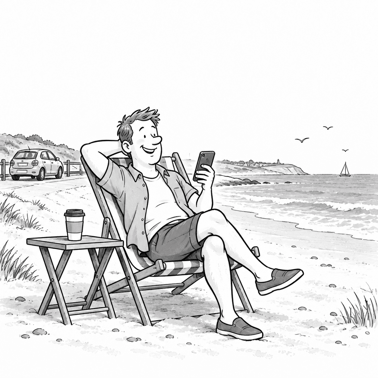Cartoon illustration of a male driver relaxing at the beach with his phone and a coffee