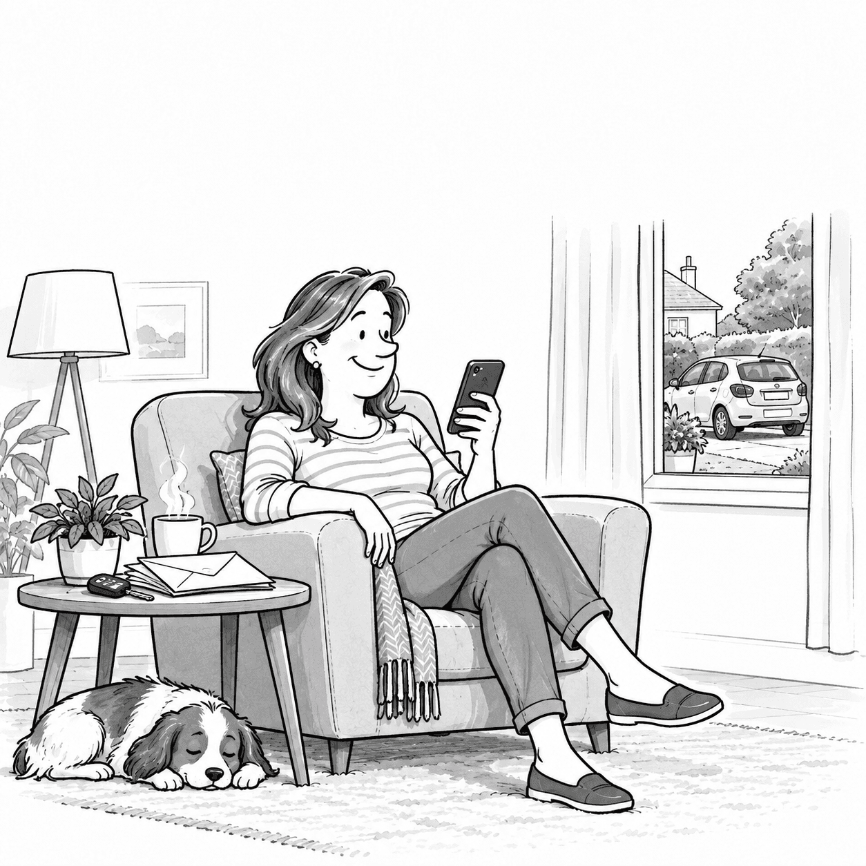 Black-and-white illustration of a driver at home checking her phone beside correspondence and a coffee