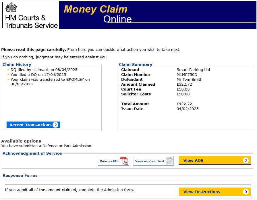 Money Claim Online screenshot showing a parking claim summary, claim history and a submitted Defence or Part Admission status