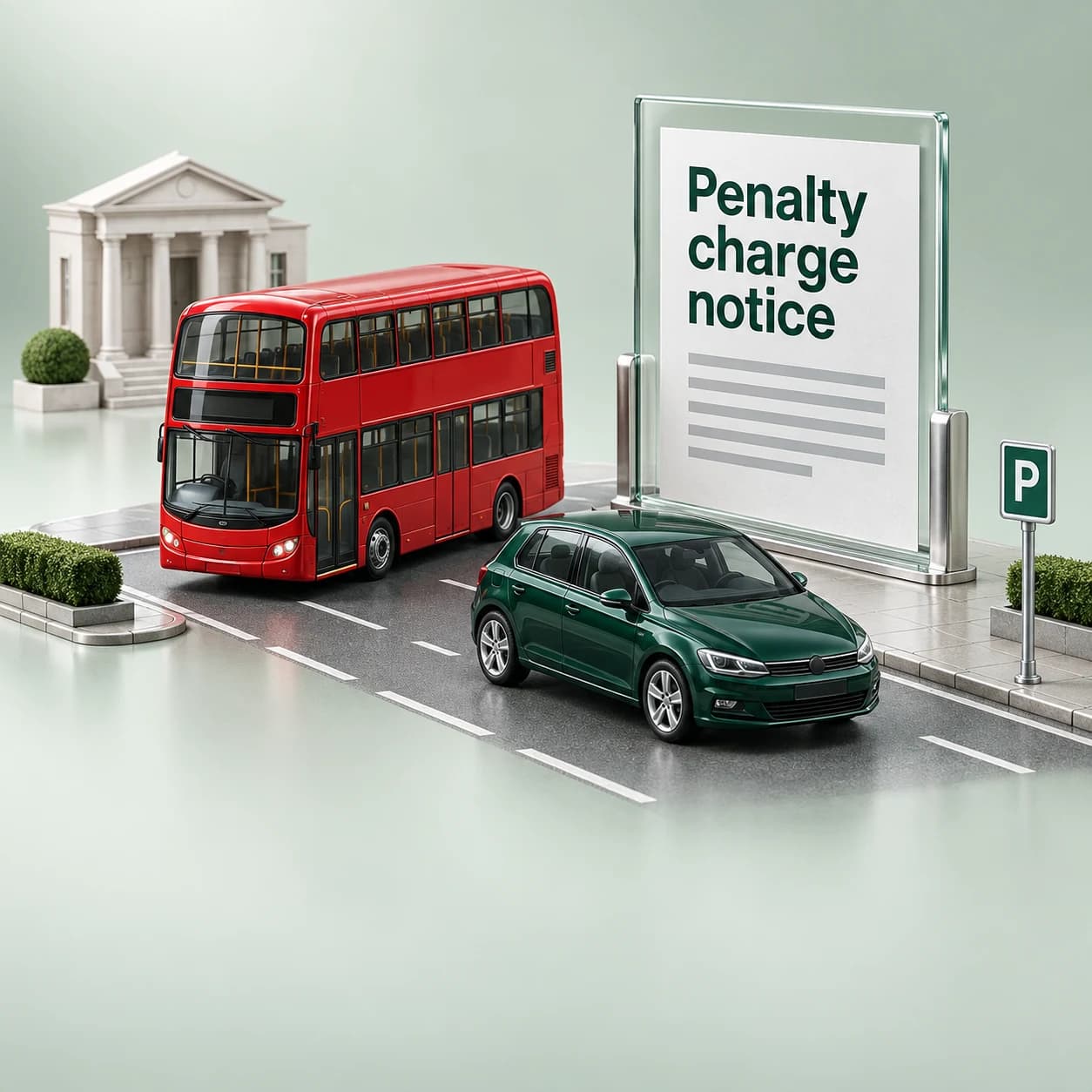 Illustration of a London street and a council Penalty Charge Notice