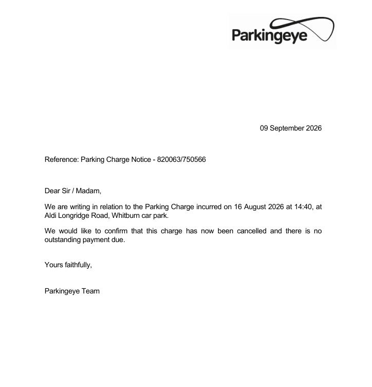 Parkingeye letter dated 9 September 2026 confirming cancellation with no outstanding payment due