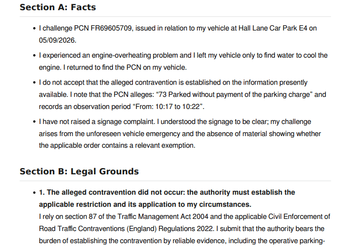 Penalty charge appeal excerpt showing the circumstances and opening legal ground