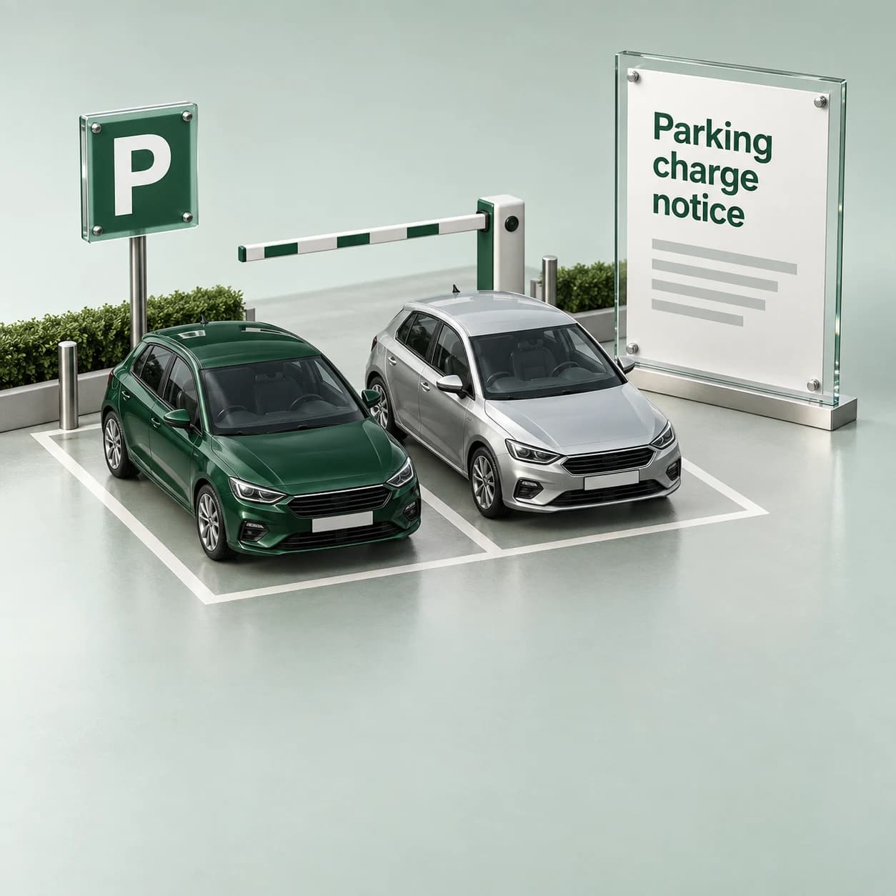 Illustration of a private car park, entrance barrier and parking charge notice