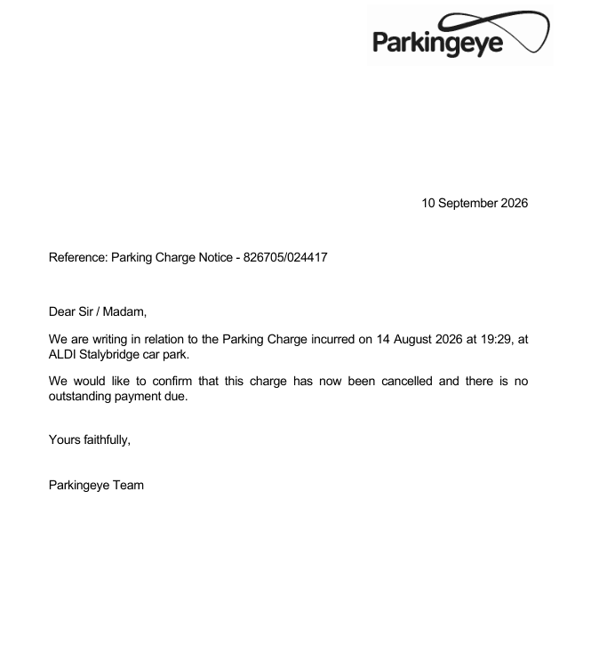ParkingEye letter confirming a parking charge at Aldi Stalybridge was cancelled