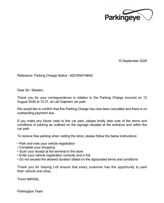 ParkingEye letter confirming a parking charge at Lidl Clapham was cancelled
