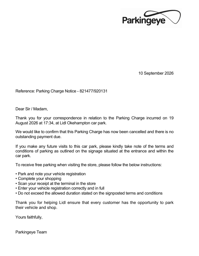 ParkingEye letter confirming the Lidl Okehampton parking charge was cancelled