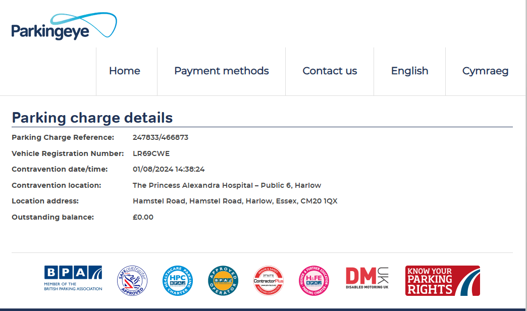 ParkingEye parking charge cancelled confirmation