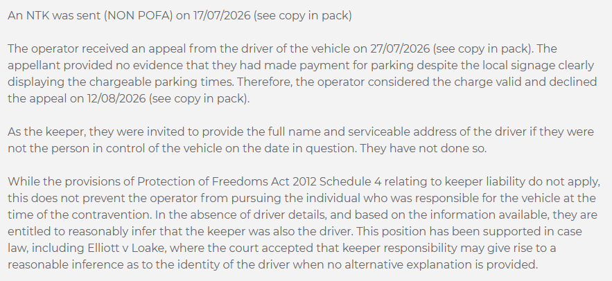 Extract from IAS appeal 2652225 discussing a non-POFA Notice to Keeper and inferred driver identity