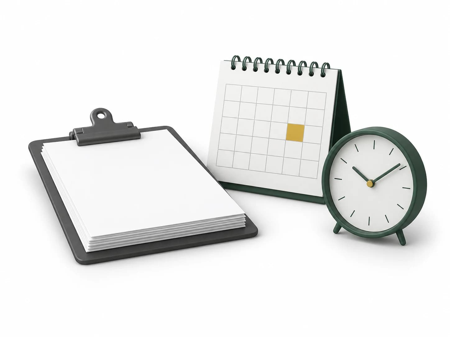 Illustration of a calendar, clock and case documents.