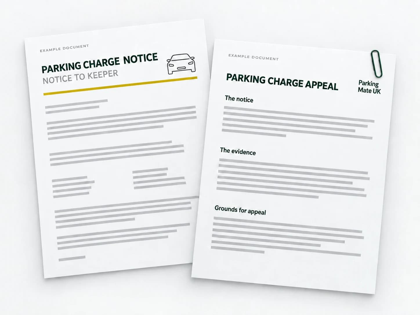 Example documents: a Notice to Keeper beside a prepared Parking Charge Appeal.