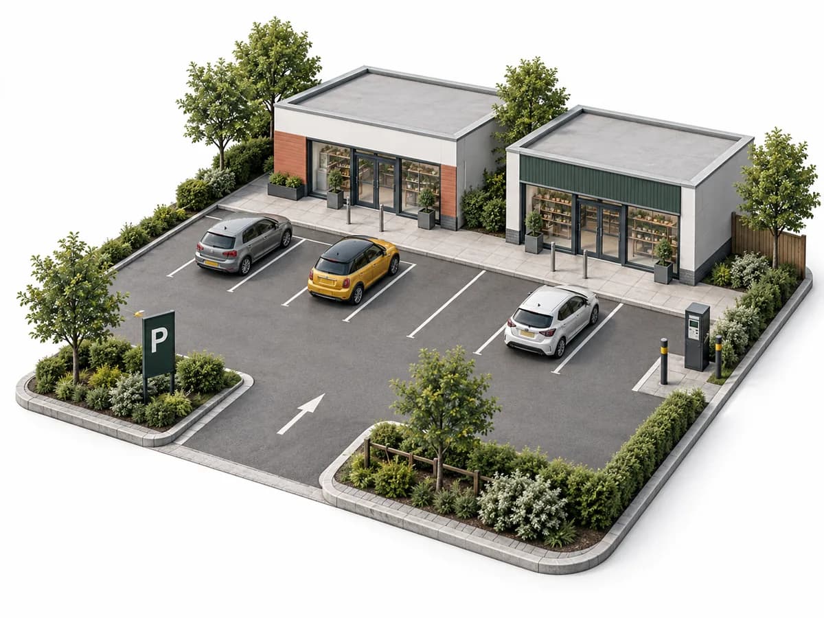 Illustration of a retail car park with marked bays, an entrance sign and a payment machine.