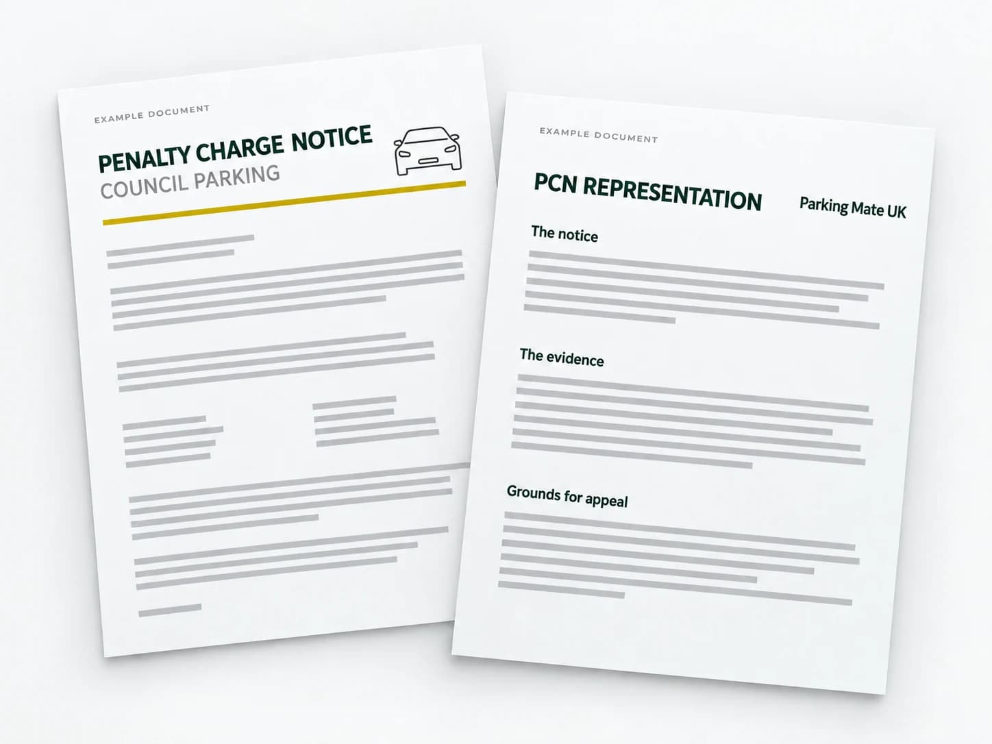 Example documents: a council Penalty Charge Notice beside a prepared representation.