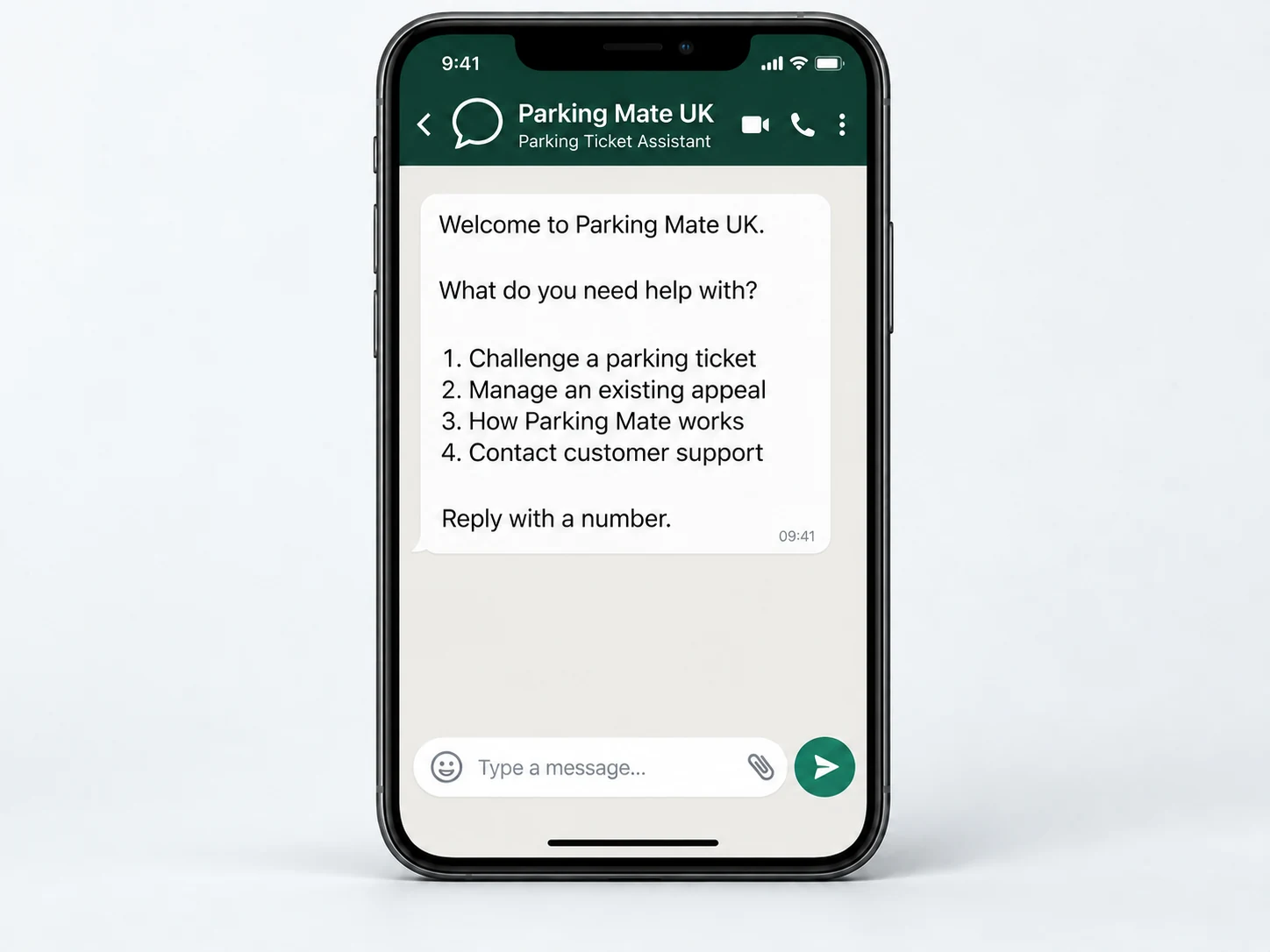 Parking Mate UK WhatsApp menu for starting an appeal or managing a case.