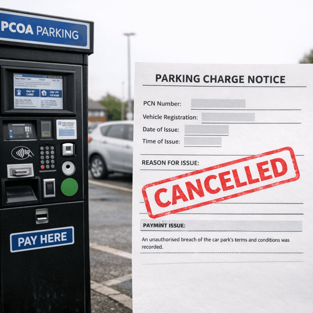 APCOA parking payment machine in a UK car park with a cancelled parking charge notice