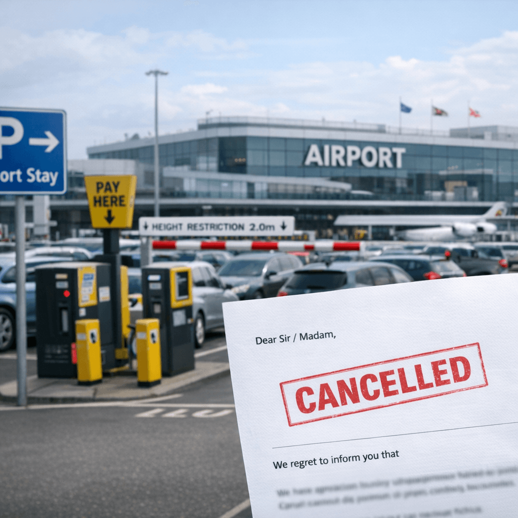 UK airport terminal with short-stay car park and cancelled parking charge letter