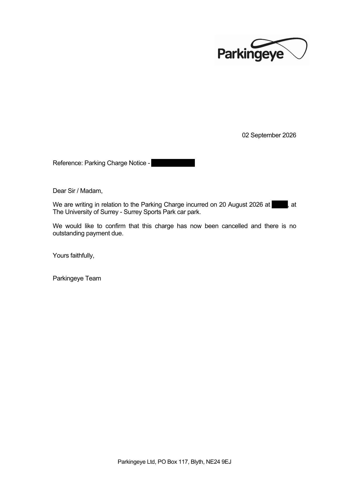 Redacted Parkingeye cancellation letter dated 2 September 2026