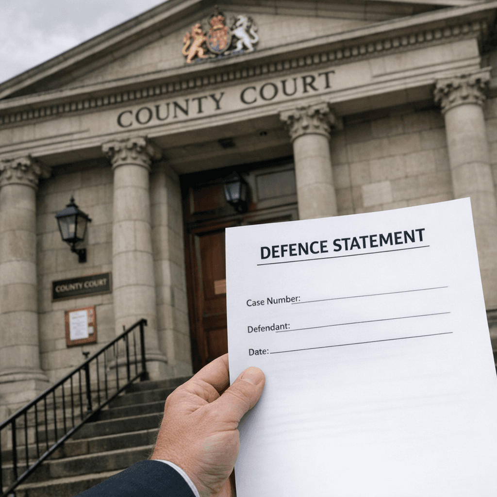 UK county court building exterior with defence document in foreground