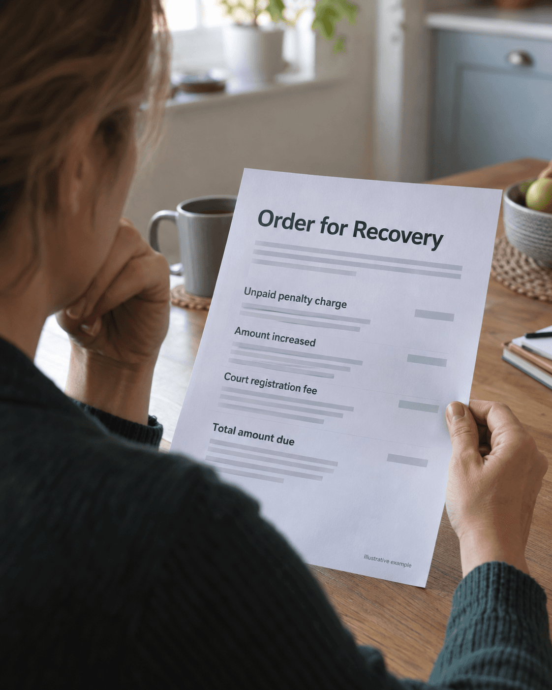 Illustration of a person reading an Order for Recovery showing an increased amount and court registration fee