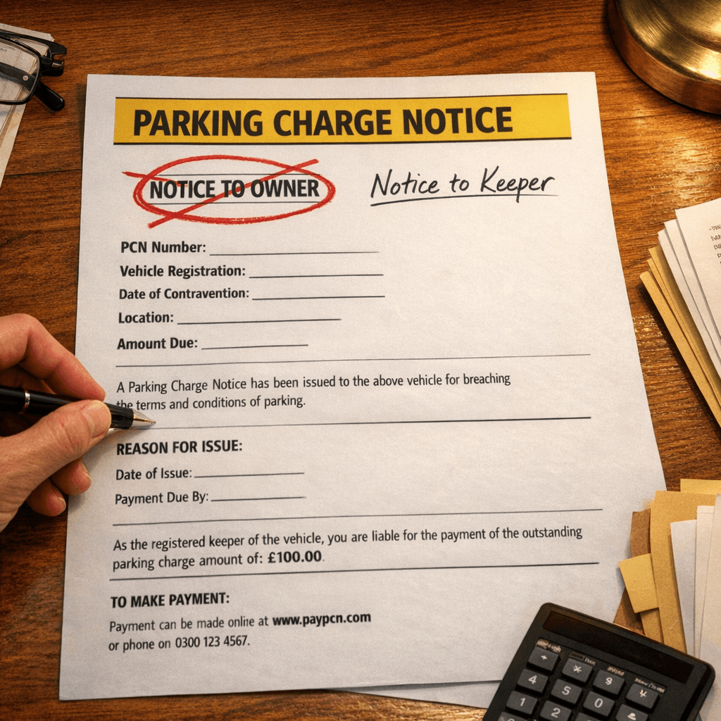 Parking charge notice with Notice to Owner circled in red and corrected to Notice to Keeper