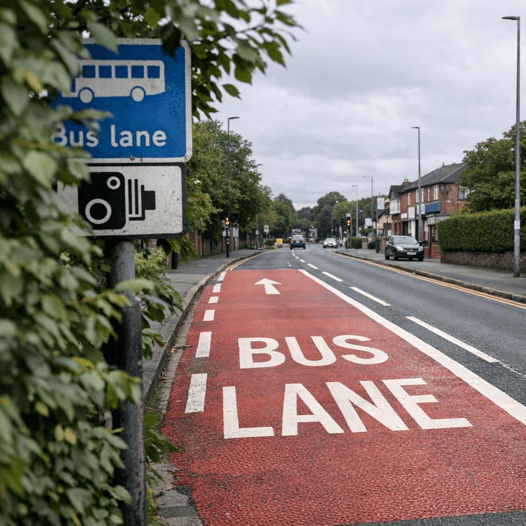 UK bus lane road sign partially hidden behind tree branches