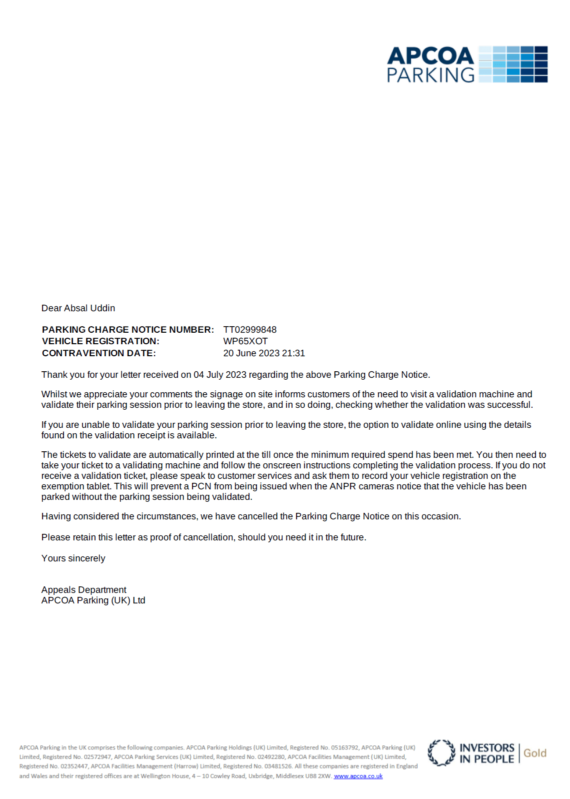 Apcoa PCN Cancelled