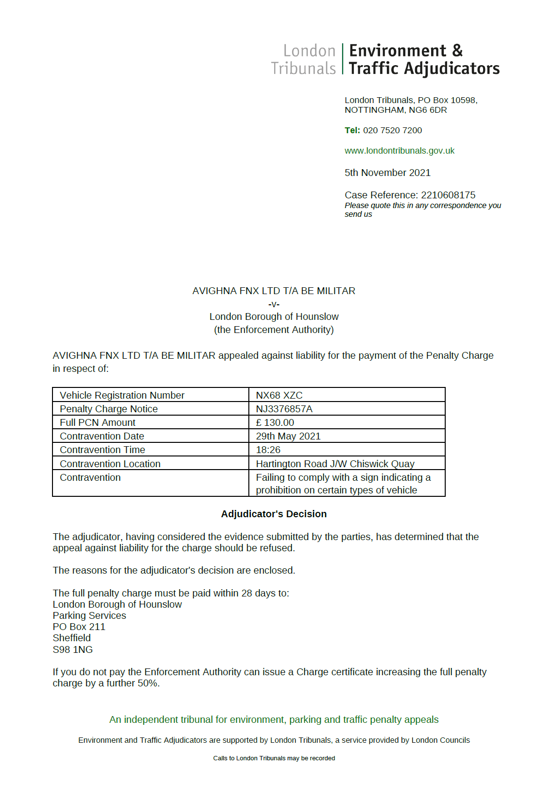 London Tribunal Appeal Allowed