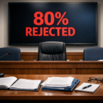 UK parking tribunal hearing room with 80% rejection rate displayed on screen